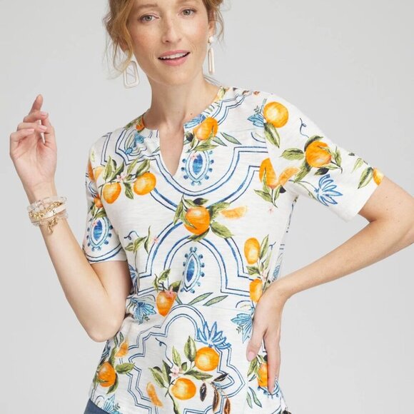 Chico's Women's Size 3/16 Tropical Print Short Sleeve Notched Neck Cotton Tee - Picture 1 of 16